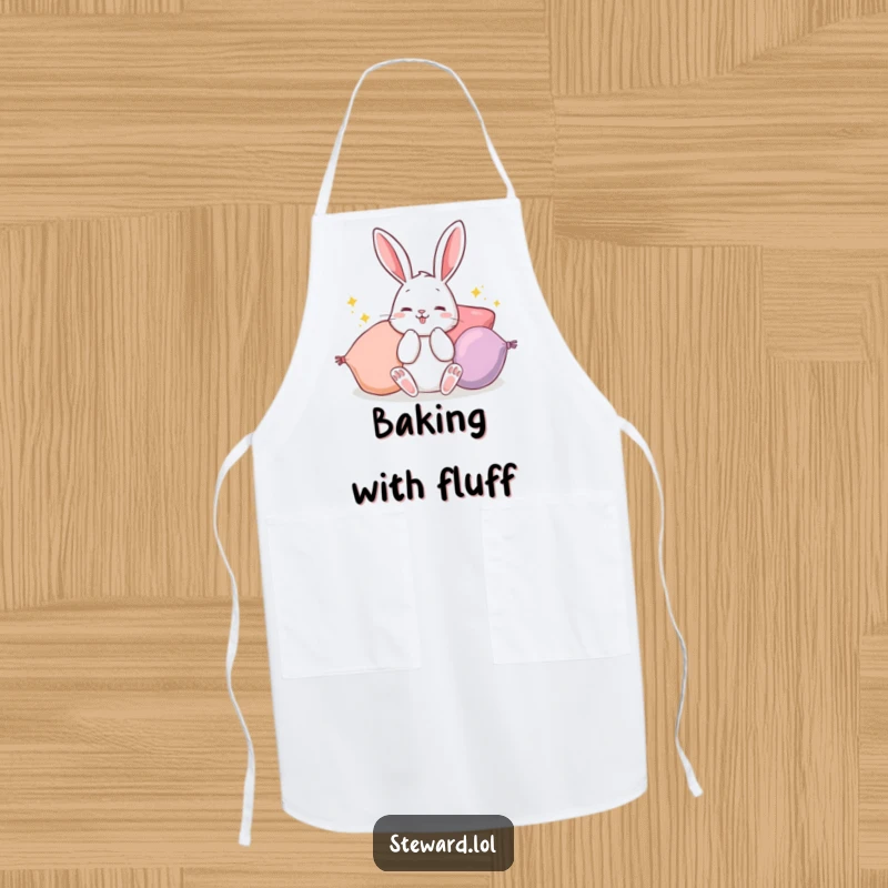Funny Bunny Apron: A cute bunny fluffing colorful cushions, perfect for wearing while cooking and baking with a humorous and adorable flair, a funny gift.