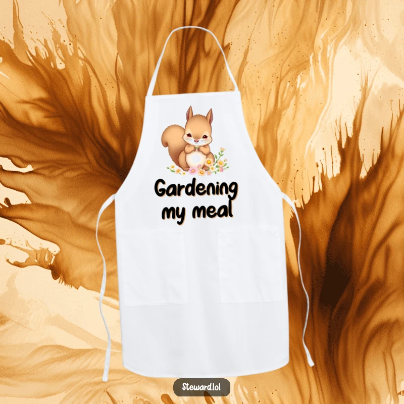 Funny Squirrel Apron: A cute squirrel carefully arranging small flowers, perfect for wearing while cooking and crafting with a humorous and delicate touch, a funny gift.