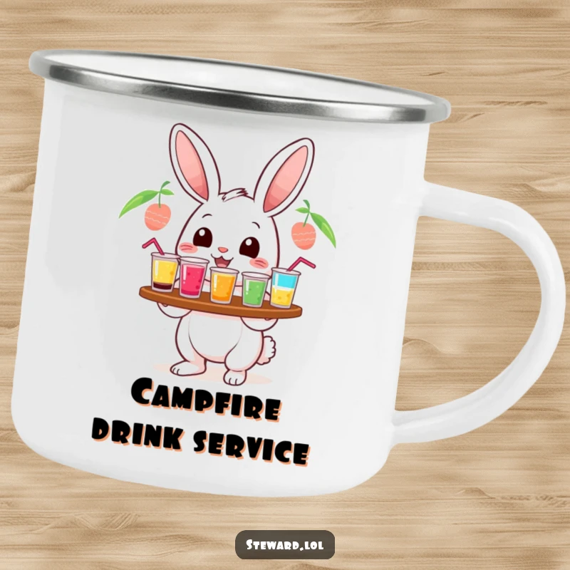 Funny cheerful rabbit camping mug, serving colorful drinks, perfect for enjoying beverages outdoors with a cute and humorous vibe, a funny gift.
