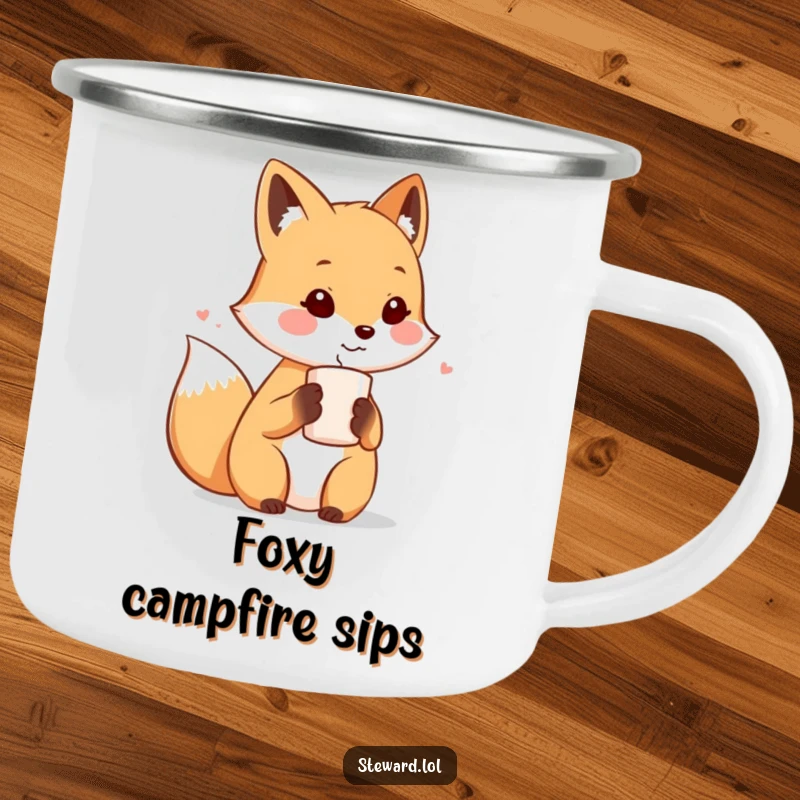 Funny enamel camping mug featuring a cute fox character offering a warm beverage, perfect for enjoying nature with a friendly vibe.