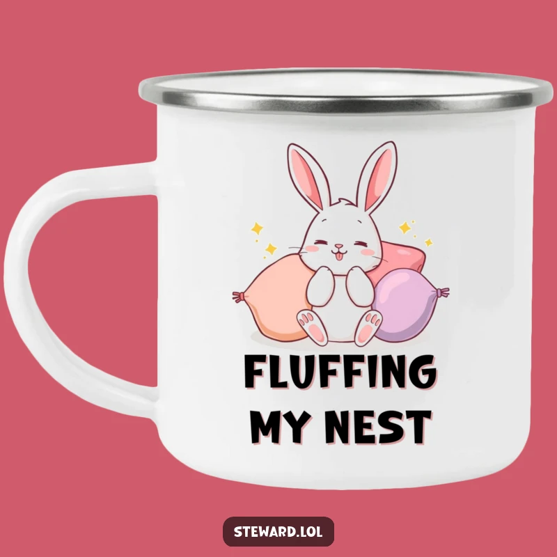 Funny Bunny Camping Mug: Fluffing Cushions Outdoors - Durable & Playful Funny Gift!