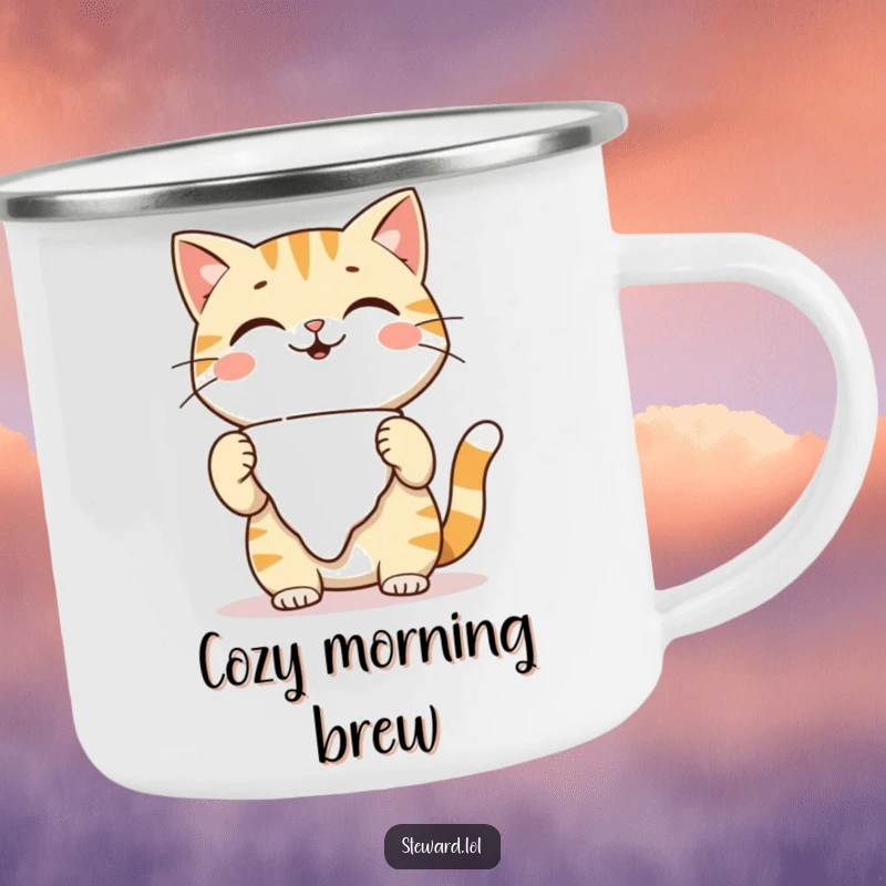 Funny playful cat camping mug, adjusting a napkin with a warm smile, perfect for enjoying beverages outdoors with a cute and humorous vibe, a funny gift.
