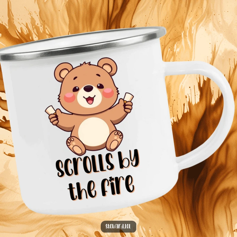 Funny camping mug with a happy bear cub handing out small, rolled scrolls, designed for outdoor enjoyment.