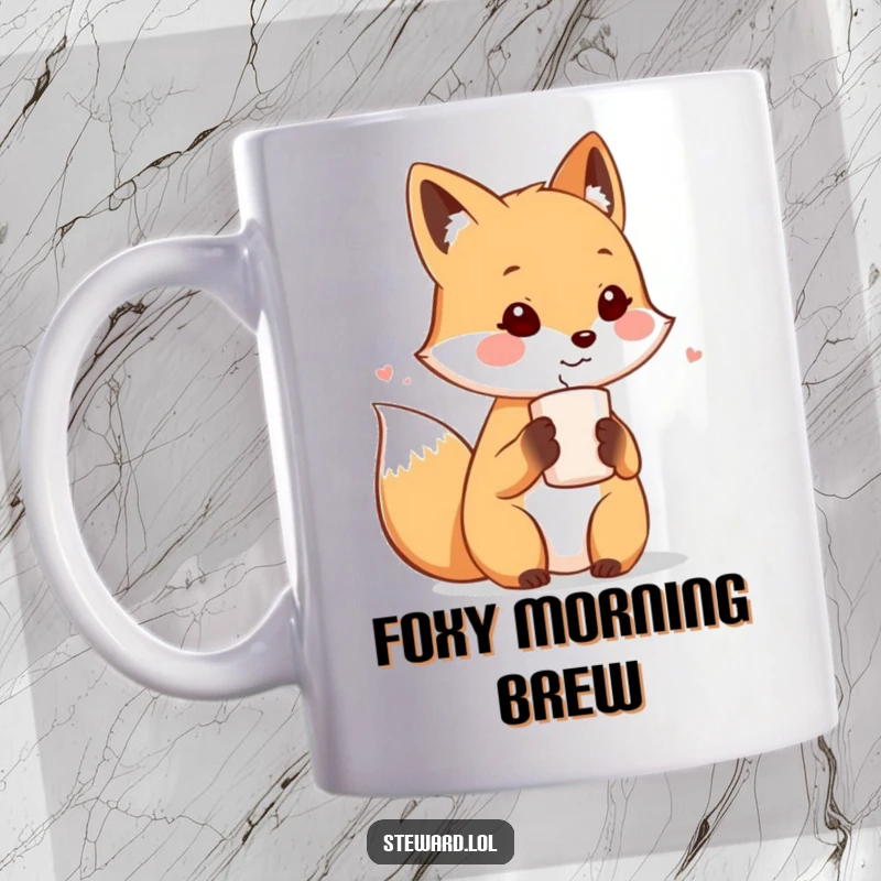 Funny mug featuring a cute fox character warmly offering a steaming cup of beverage to an unseen guest with a friendly smile.