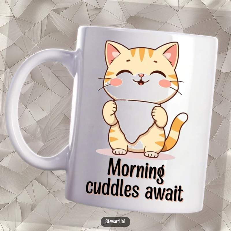 Funny playful cat character mug, adjusting a napkin with a warm smile, conveying friendly service and a funny gift.