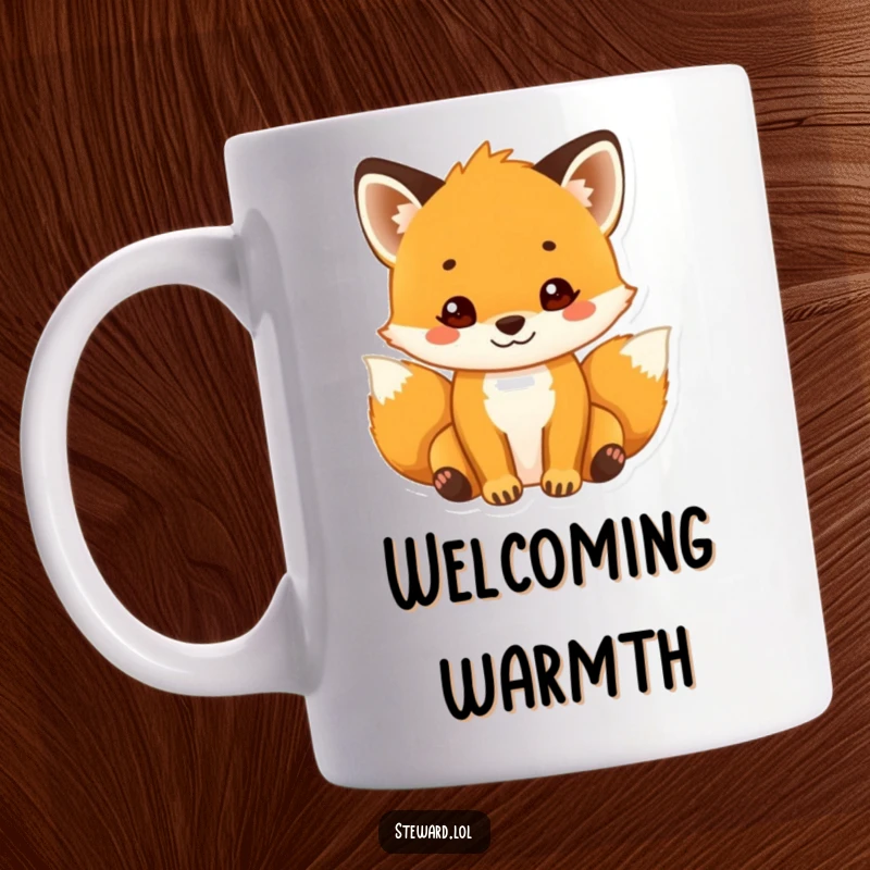 Funny Fox Mug: A cute fox cub with a broad, friendly smile, extending a paw in a welcoming gesture, embodying warmth and making a perfect funny gift.