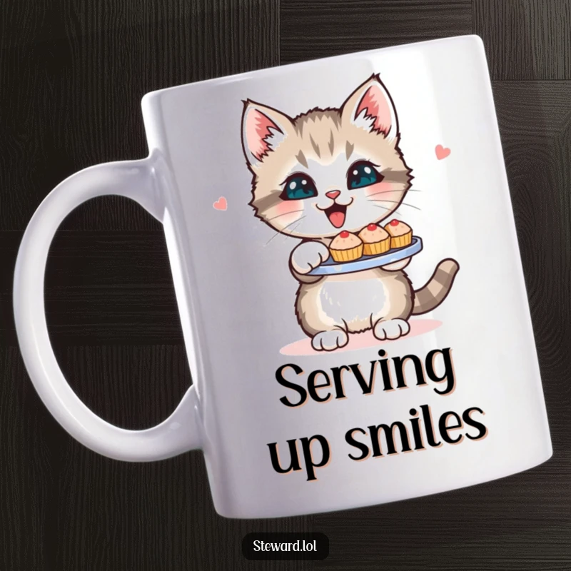 Funny Kitten Mug: A cute, fluffy kitten happily presenting a tray full of small treats with a wide smile, a perfect funny gift.