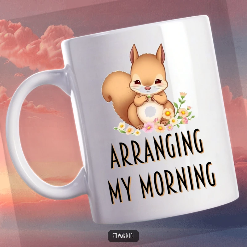 Funny Squirrel Mug: A cute squirrel carefully placing small, colorful flowers into a charming arrangement, showcasing delicate artistry, a perfect funny gift.
