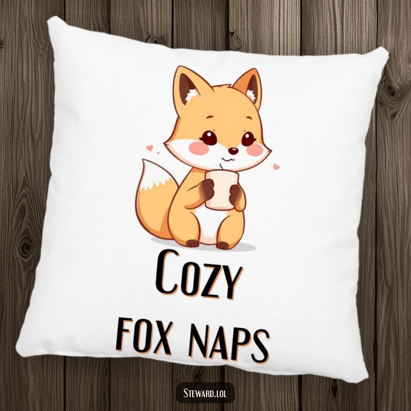 Funny decorative pillow featuring a cute fox character offering a warm drink, embodying cozy hospitality and gentle humor.
