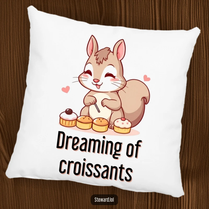 Funny decorative pillow featuring a determined squirrel character focused on arranging small, enticing pastries with a comical expression of culinary ambition.