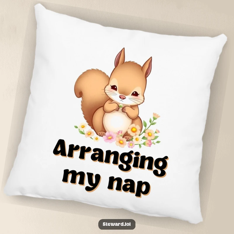 Funny Squirrel Pillow: A soft pillow showcasing a squirrel delicately arranging small flowers, providing comfort and a funny decorative touch inspired by nature.