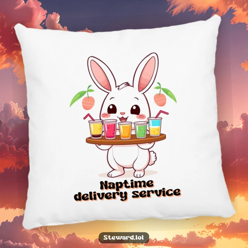 Funny cheerful rabbit pillow, serving colorful drinks, designed for cozy humor and as a cute funny gift.