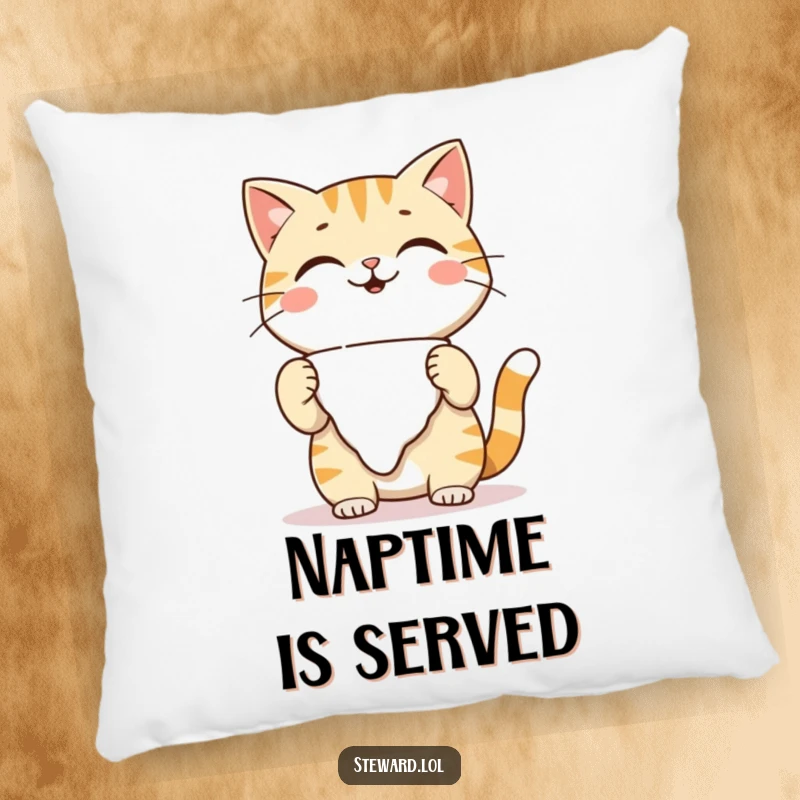 Funny playful cat pillow, adjusting a napkin with a warm smile, designed for cozy humor and as a cute funny gift.
