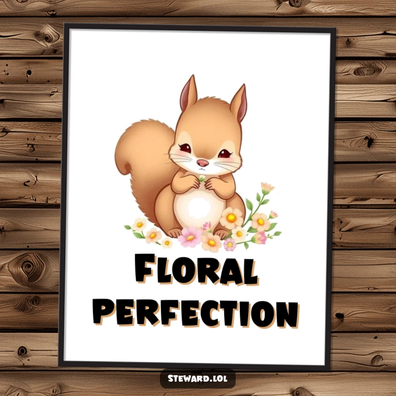 Funny Squirrel Digital Art Print: A high-quality print of a focused squirrel delicately arranging miniature flowers, perfect for adding serene, humorous decor.
