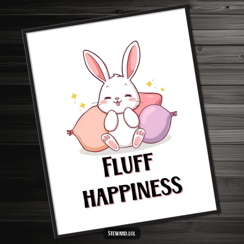 Funny Bunny Digital Art Print: A high-quality print of a busy rabbit fluffing vibrant cushions, perfect for adding whimsical, humorous decor.