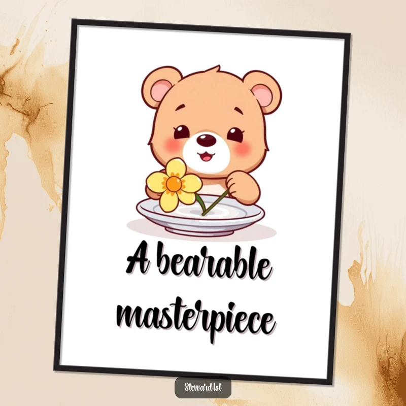 Funny digital art print of a happy bear cub gently placing a flower on a plate, capturing a moment of pure, innocent joy.