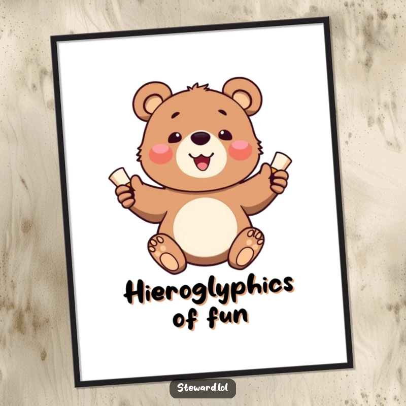 Funny digital art print of a happy bear cub joyfully distributing small, rolled scrolls, ready for download.