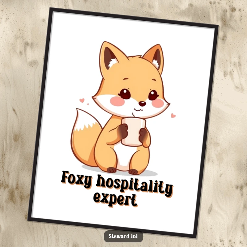 Funny digital art print of a cute fox character politely offering a steaming beverage to a guest, capturing a moment of warm, humorous welcome.