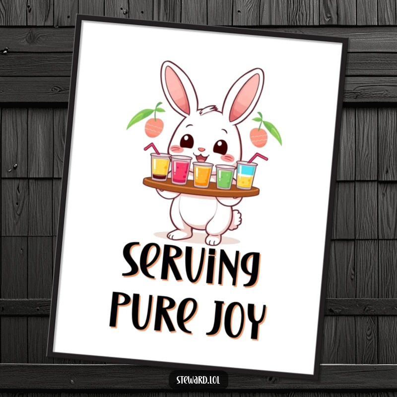 Funny cheerful rabbit digital art, serving colorful drinks from a tray, perfect for instant cute and humorous wall decor, a funny gift.