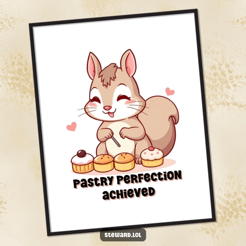 Funny digital art print of a determined squirrel character meticulously arranging an assortment of small, tempting pastries with a comical expression of focus.