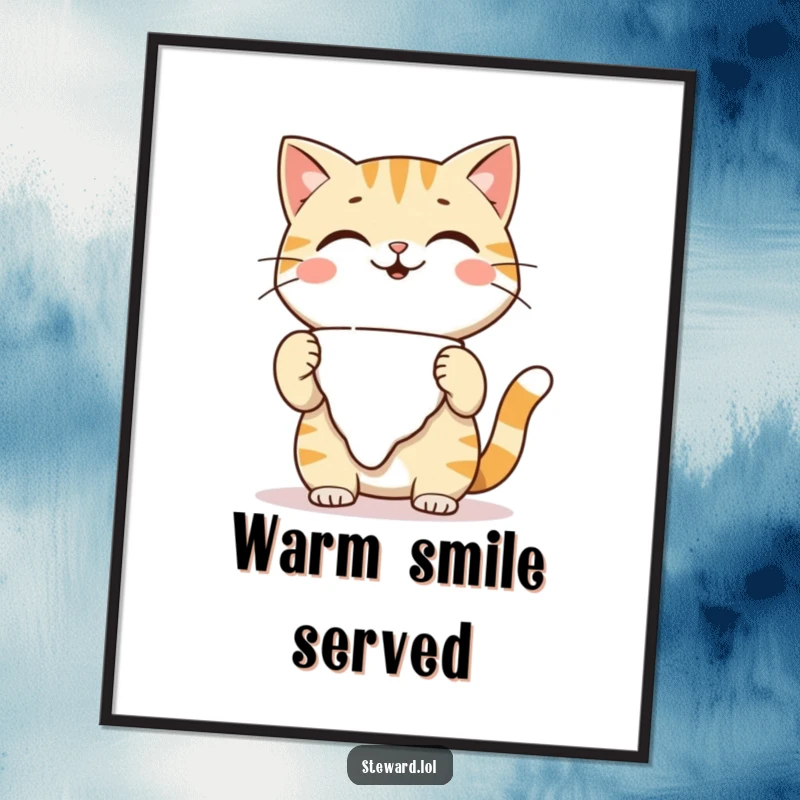 Funny playful cat digital art, adjusting a napkin with a warm smile, perfect for instant cute and humorous wall decor, a funny gift.
