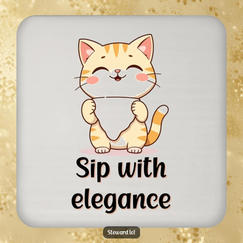 Funny playful cat coasters, adjusting a napkin with a warm smile, protecting surfaces with cute feline humor, an excellent funny gift.