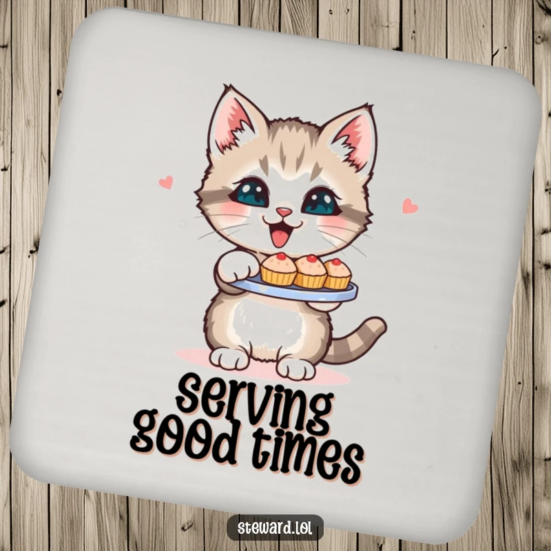 Funny Kitten Coasters: A set featuring a happy kitten serving tiny baked goods, protecting furniture with adorable and humorous charm.