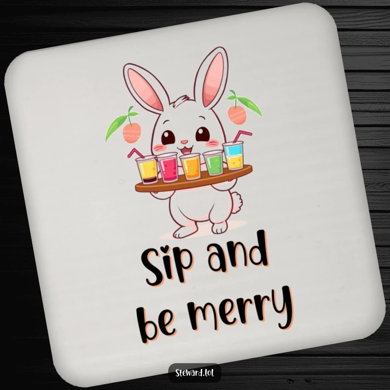Funny cheerful rabbit coasters, serving colorful drinks, protecting surfaces with cute animal humor, an excellent funny gift.