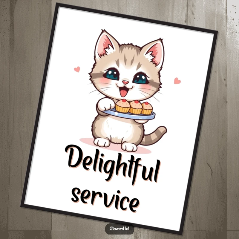 Funny Kitten Poster: An illustration of a cheerful kitten proudly presenting a tray of miniature sweets, perfect for adding whimsical, humorous decor.