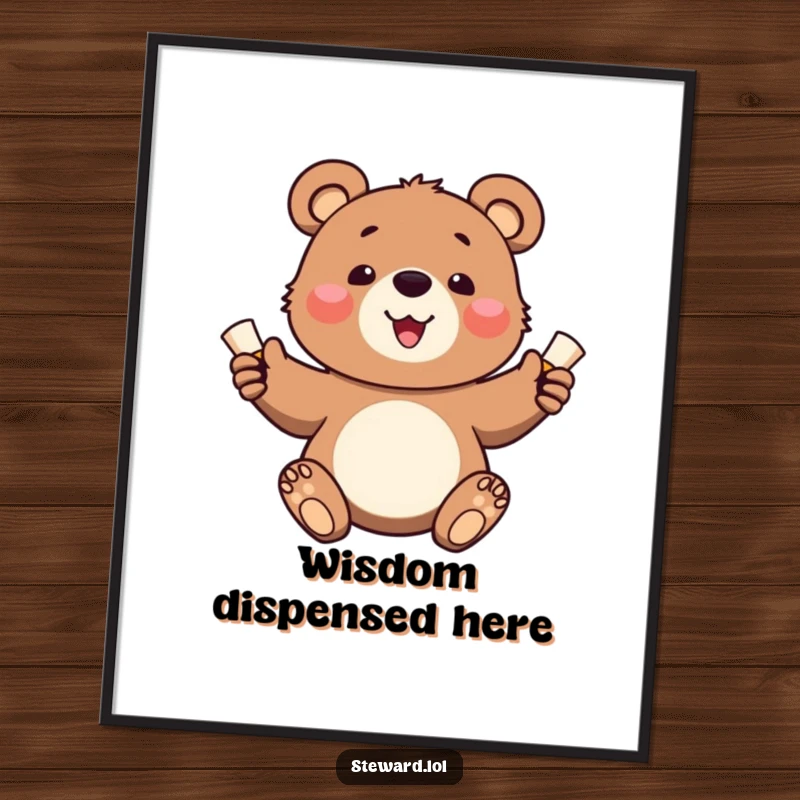 Funny poster art of a happy bear cub joyfully distributing small, rolled scrolls, perfect for wall decor.