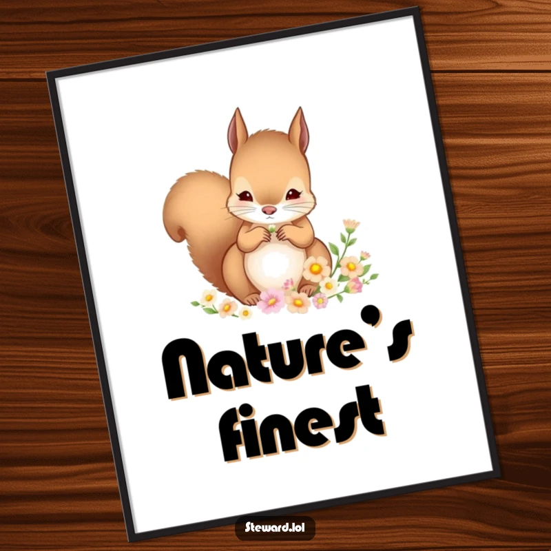 Funny Squirrel Poster: An illustration of a focused squirrel carefully arranging miniature, delicate flowers, perfect for adding serene, humorous decor.