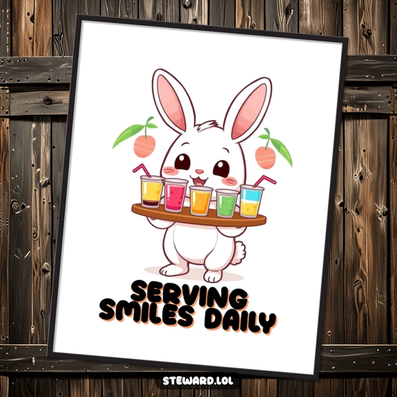 Funny cheerful rabbit poster, serving colorful drinks from a tray, perfect for humorous wall art and as a funny gift.