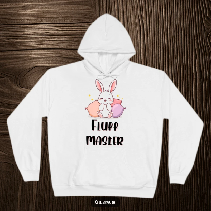 Funny Bunny Hoodie: A soft hoodie with a busy bunny surrounded by brightly colored pillows, fluffing them with gusto, a wonderful funny gift.