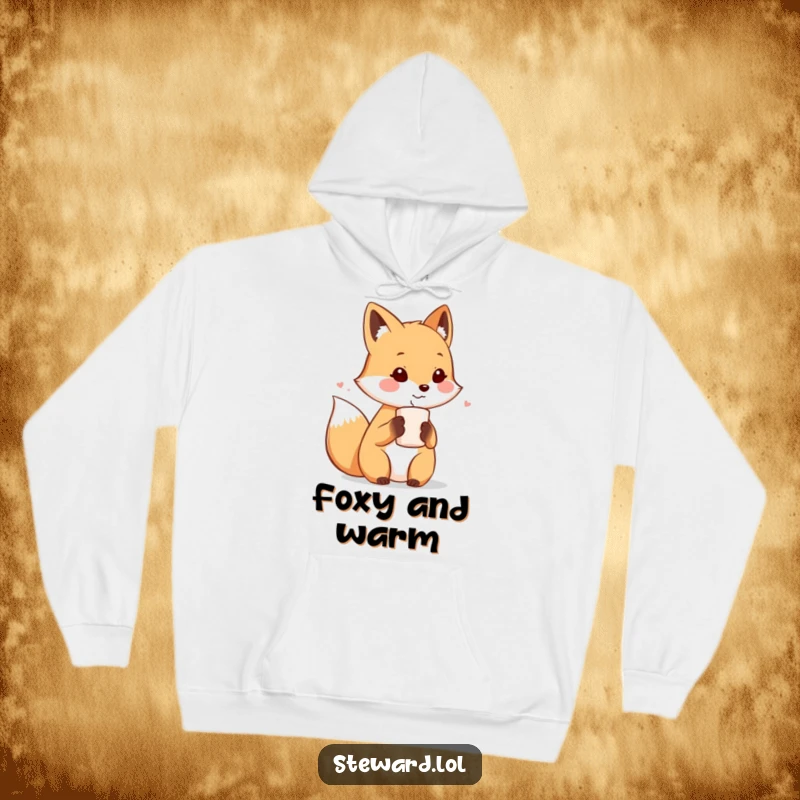 Funny hoodie featuring a cute fox character presenting a warm drink to a guest, embodying cozy hospitality and humor.