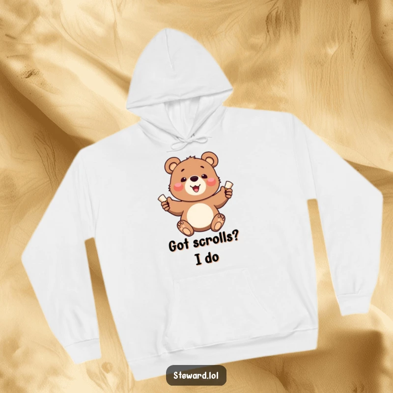 Funny hoodie showcasing a joyful bear cub distributing small, rolled scrolls, embodying warmth and happiness.