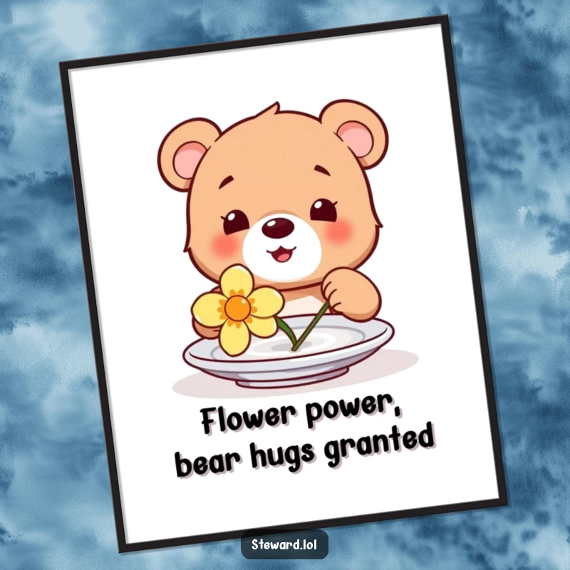 Funny Free Printable Wall Art: A happy bear cub joyfully places a delicate flower onto a clean plate, adding charm.