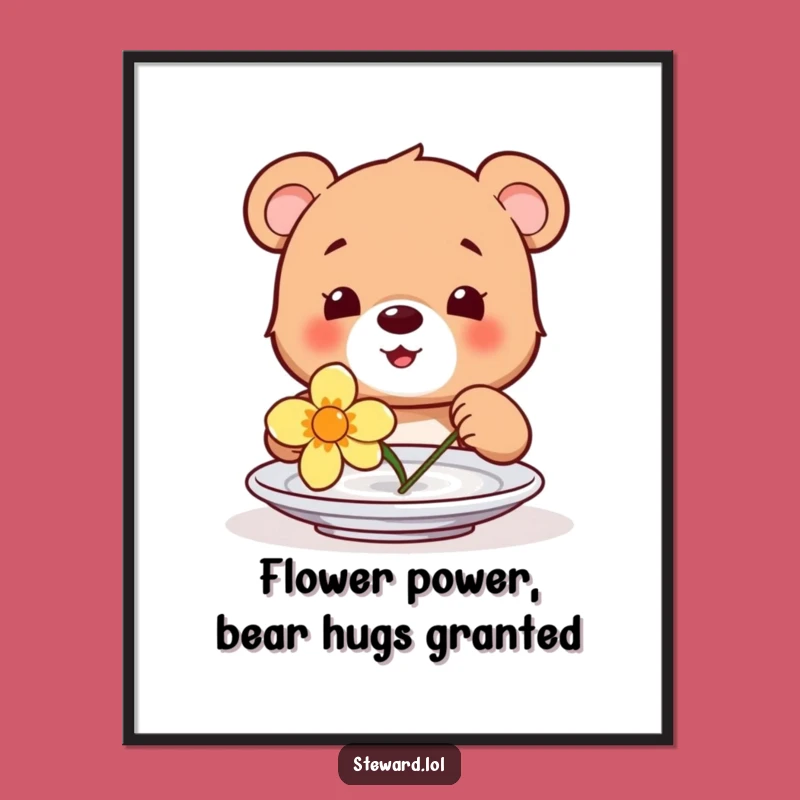 Funny Free Printable Wall Art: Happy Bear Cub & Flower - Whimsical Downloadable Decor