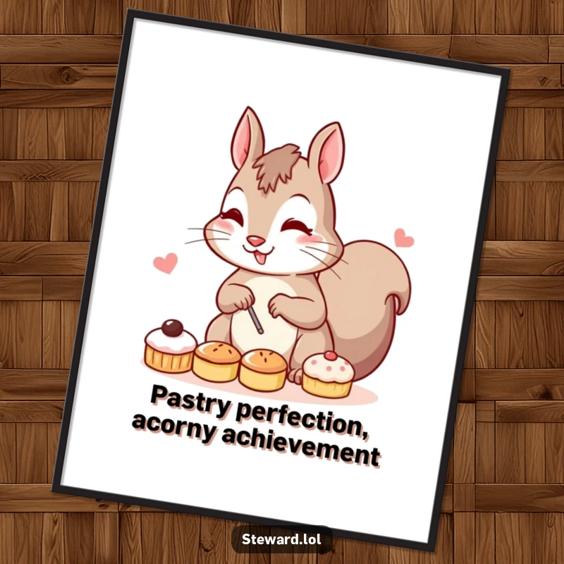 Funny Free Printable Wall Art: A determined squirrel character efficiently arranging an assortment of delightful small pastries.