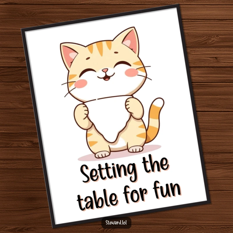Funny Free Printable Wall Art featuring a playful cat character with a warm smile, meticulously adjusting its napkin in a cozy setting.