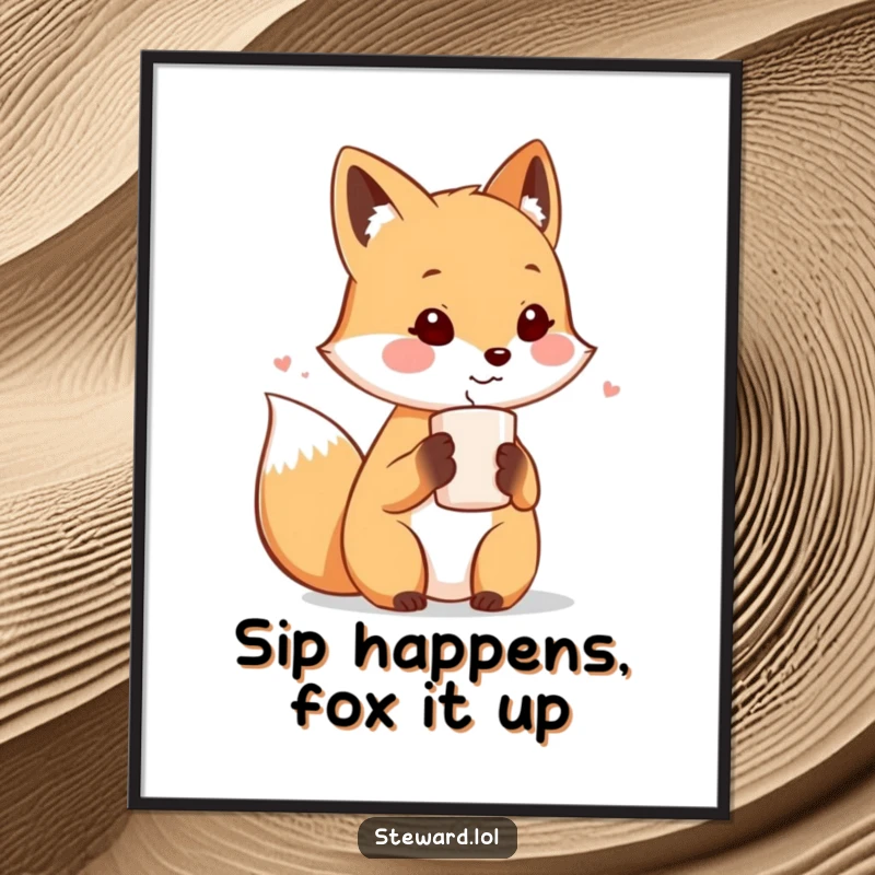 Funny Free Printable Wall Art: A cute fox character offers a delightful warm beverage to a guest with a welcoming smile.