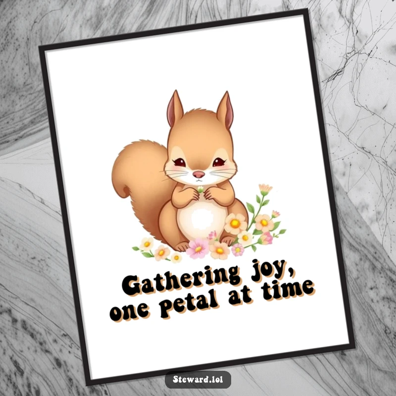 Funny Free Printable Wall Art: A charming squirrel attentively arranging a delicate assortment of tiny, beautiful flowers in a lovely composition.