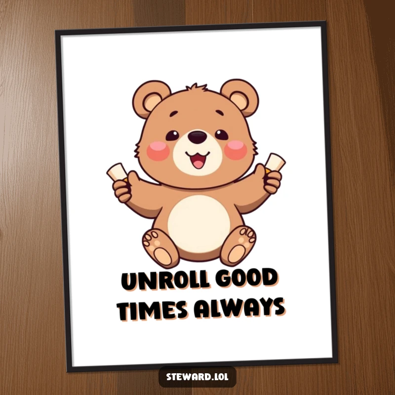 Funny Free Printable Wall Art: Adorable bear cub cheerfully offering tiny rolled scrolls, bringing smiles to any room.