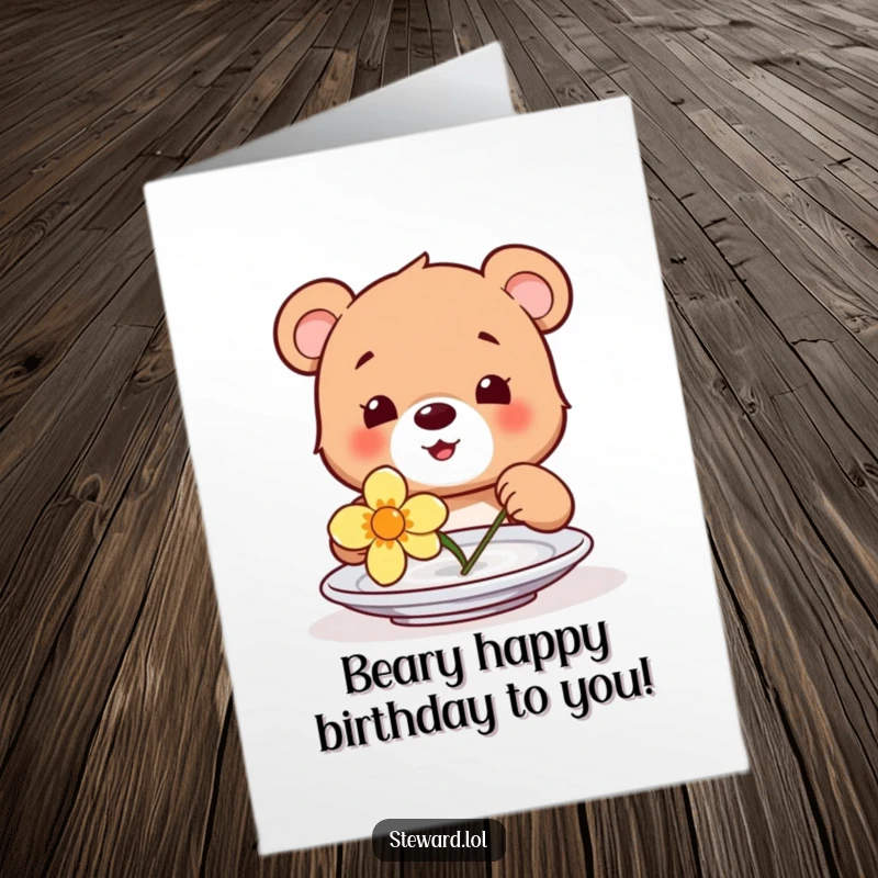 Funny Free Printable Birthday Card: A happy bear cub gently places a delicate flower onto a waiting plate, radiating joy.
