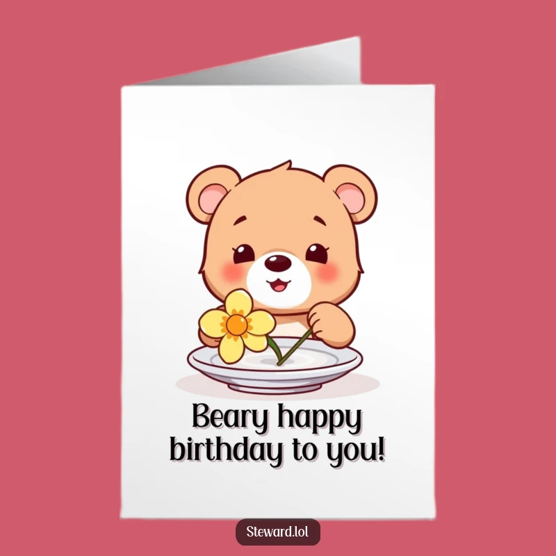 Free Printable Birthday Card: Cheerful Bear Cub & Flower - Happy Downloadable Gift for Smiles