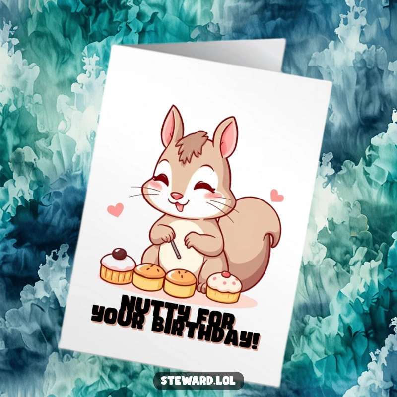 Funny Free Printable Birthday Card: A determined squirrel chef meticulously arranges tiny pastries, ready for a hilarious celebration.