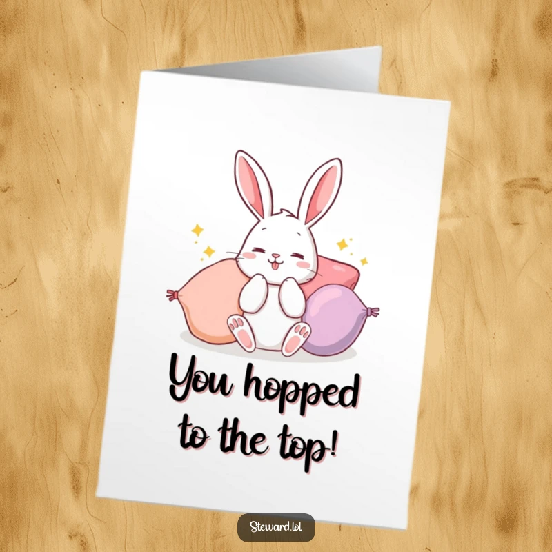 Funny Free Printable Congratulations Card: A playful bunny is busy fluffing bright cushions, symbolizing a comfortable and joyous achievement.