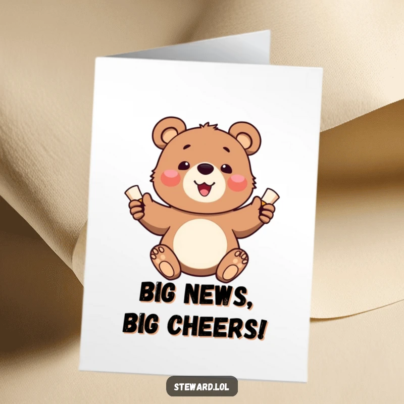 Funny Free Printable Congratulations Card: Bear cub energetically giving out small, rolled-up scrolls to celebrate good news.