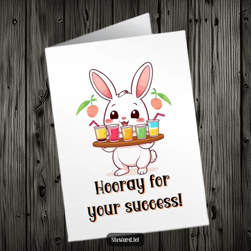 Funny Free Printable Congratulations Card: A cheerful rabbit character serves colorful drinks, toasting to their success and good times.