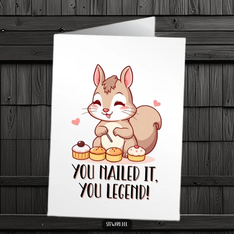 Funny Free Printable Congratulations Card: A focused squirrel chef expertly places delicate pastries, celebrating a sweet success.