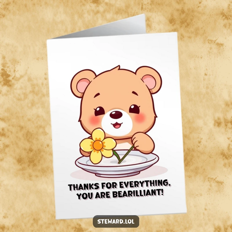 Funny Free Printable Thank You Card: A happy bear cub carefully places a beautiful flower on a plate, a gesture of thanks.